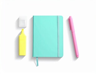 Colorful stationery set featuring a pink notebook, teal stapler, and pen arranged neatly on a clean surface