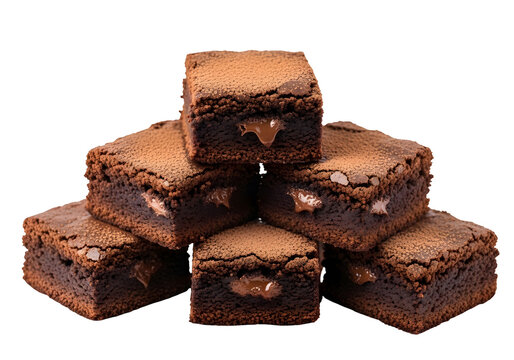 A pyramid stack of decadent chocolate fudge brownies with gooey filling inside.whitebackground, - Powered by Adobe