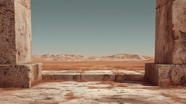 A steppe with low hills &ndash; an autumn landscape - concept background. The remains of an ancient temple with columns. Digital photo illustration. 