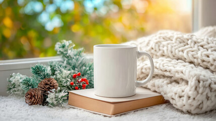 White ceramic mug on a book by a window, cozy knitted blanket, pinecones, frosted fir branches, and red berries decor