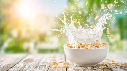 Fresh milk splashing into a bowl of crispy cornflakes, symbolizing a healthy, energetic, and wholesome morning start