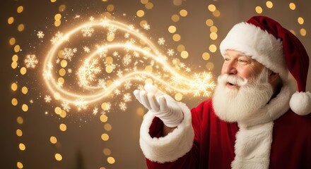Santa's festive magic creating snowflake swirls on a bokeh lit backdrop