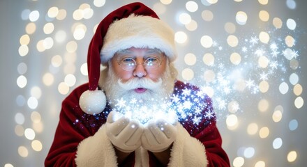 Santa Claus blowing magical snowflakes against a background of shimmering lights