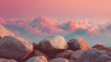Stones against the pink dawn sky - beautiful landscape concept poster background. Digital photo illustration. 