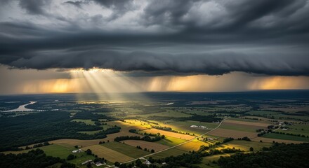 Dramatic Sky Over Rural Landscape with Sunbeams and Rain Showers Breathtaking Scenery