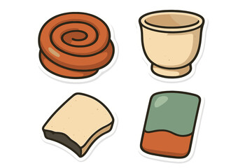 Cartoon stickers featuring a cinnamon roll, ceramic cup, slice of bread, and layered dessert