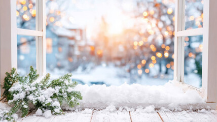 Snowy window sill with green pine branch looking out at a blurry winter landscape with warm festive lights