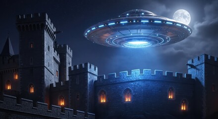 Otherworldly Encounter UFO Hovering above Ancient Castle Under Moonlight Night Sky