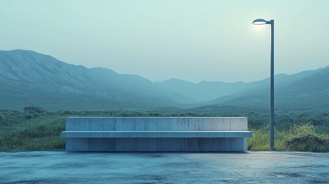 Concrete bench under a lamppost, misty mountains