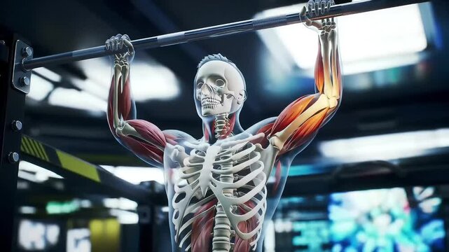 3D human muscle and skeletal anatomy visualization of a man performing pull-ups, highlighting arm and back muscle engagement and potential strain.