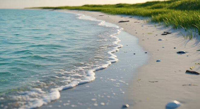 Turquoise Waves on Serene White Sand Beach with Lush Green Dunes - Powered by Adobe