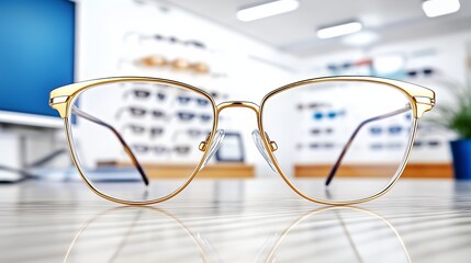 Stylish gold rimmed glasses resting on a reflective surface, showcasing an optical store's selection and expert eye care