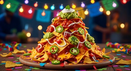 A mountain of cheesy nachos topped with jalapeños, guacamole, salsa, and sour cream, for National Nacho Day