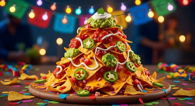 A mountain of cheesy nachos topped with jalapeños, guacamole, salsa, and sour cream,  for National Nacho Day