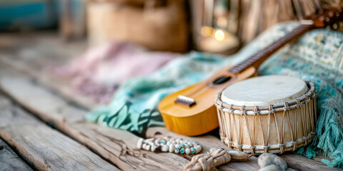 Bohemian still life with ukulele, djembe and beaded accessories on weathered wood evoking rustic, musical, sunlit travel vibes