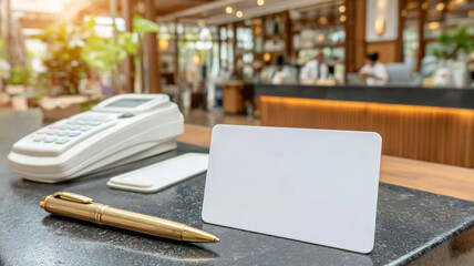 Blank white card, payment terminal, and pen on a cafe counter. Foreground showing payment preparation with blurred restaurant background