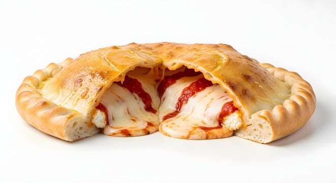 Freshly baked calzone split open showing melting mozzarella cheese and tomato sauce.