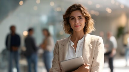 Confident Woman in Casual Attire Holding Digital Tablet, Modern Technology Concept
