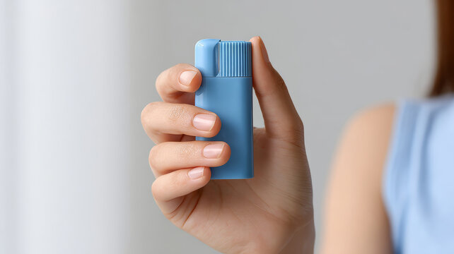 Woman's hand holding a personal asthma inhaler, ready for use. Showing healthcare, therapy, and portable medical device concept
