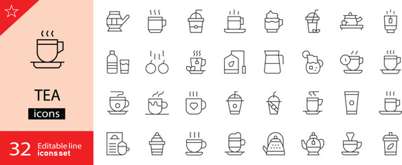 Tea icons set. Includes symbols of tea cups, teapots, tea leaves, kettles, mugs, and herbal brewing elements. Editable stroke. Vector illustration. Outline icons. Perfect for food, and beverage. 