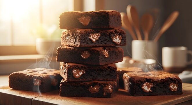 A stack of fudgy brownies with crackly tops and melting chocolate chunks for National Brownie Day.