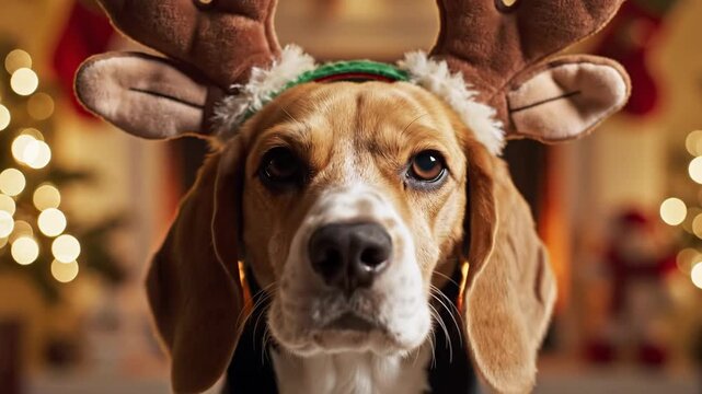Funny beagle dog wearing reindeer antlers for Christmas. Grumpy pet in festive holiday costume with sleepy expression