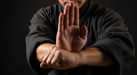 Asian male practicing martial arts gesture in traditional black attire
