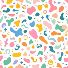 Colorful abstract design featuring various shapes and patterns in warm and cool tones on a white background