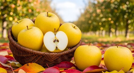 A basket of golden-yellow Opal apples glistening in soft daylight, for National Opal Apples Day.