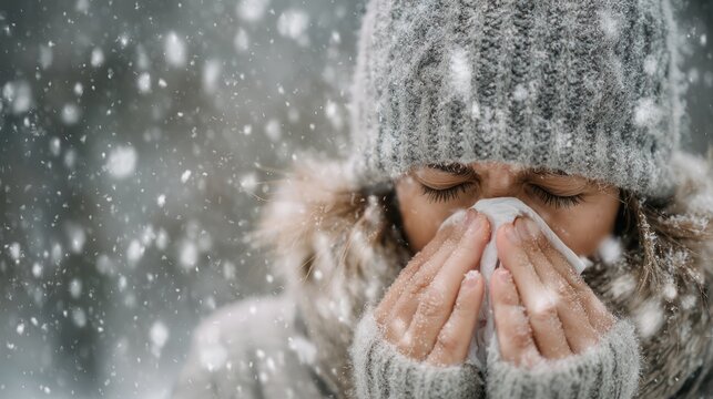 Person in winter clothes blows nose, surrounded by falling snow. Eyes closed