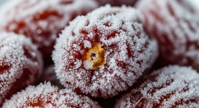 Frozen fruit delight captivating macro imagery of crystallized berries with glistening frost