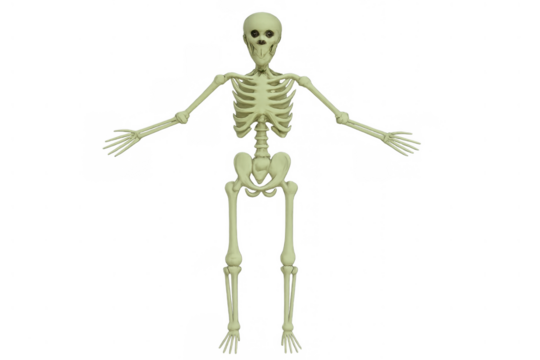 Human skeleton 3d model in t-pose with realistic bones representing anatomy, medicine, biology, and death concept