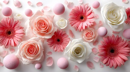 A Detailed Composition of Radiant Floral Explosion Featuring Roses, Gerberas, and Spherical Accents on a Pristine White Surface