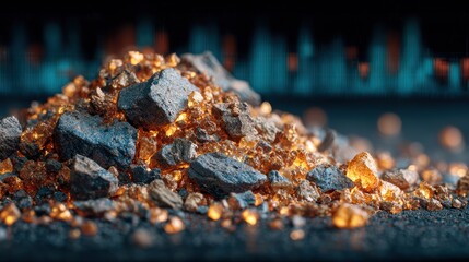 Pile of raw minerals, illuminated with golden light, against a blurred digital backdrop