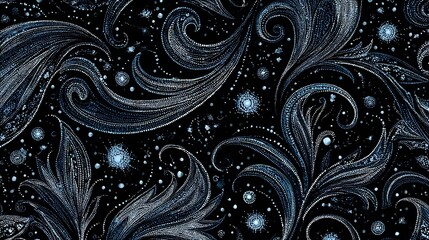 Artistically Sketched Continuous Doodle Pattern in Deep Black and Shimmering Silverblue with Delicate Heart Motifs for Chic Contemporary Graphic Art