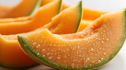 Vibrant Juicy Cantaloupe Wedges on Pristine White Surface Featuring Glossy Texture and Soft Lighting in Detailed Food Photography