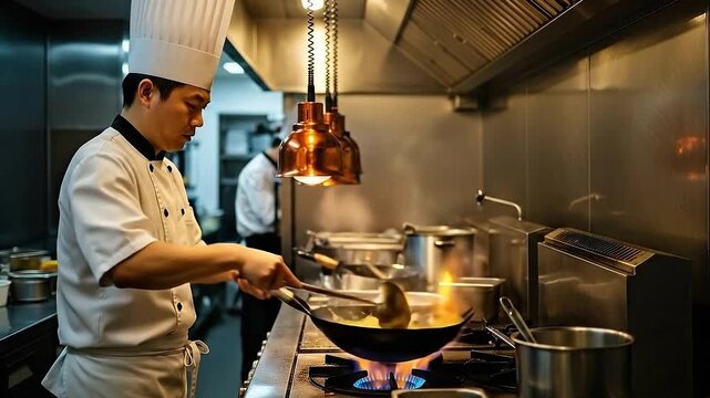 Chef Cooking Chinese Food Over Open Flames in a Wok at Restaurant Kitchen with Stainless Steel Fixtures and Exhaust Hoods in Professional Culinary Setting - Stir Fry Master 198