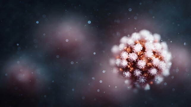 Abstract 3D rendering of a microscopic viral particle with detailed surface structure against a dark bokeh filled background