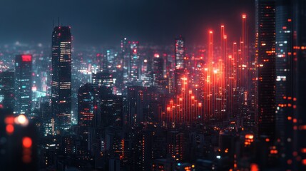 Fototapeta premium Futuristic city skyline at night with glowing lines. Use Stock photo