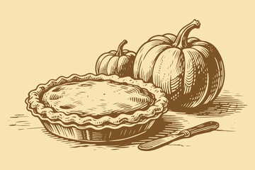Hand-drawn style image of a pumpkin pie, pumpkins, and knife on beige background, evoking autumn harvest and traditional baking themes