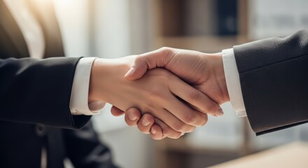 Obraz premium Close-up of professional handshake between businessmen in suits