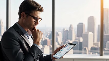 Professional businessman analyzing financial charts on tablet in high-rise office. Corporate manager reviewing data with city skyline view - Powered by Adobe