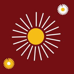 Aesthetic abstract sun and flower illustration on a maroon background, featuring a radiant yellow sun with white rays and two daisy-like flowers. This minimal and vibrant design.