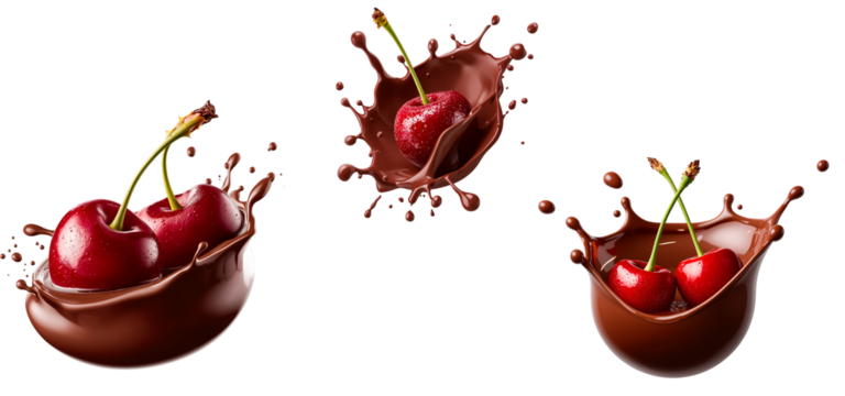 Fresh cherry in chocolate isolated on transparent background