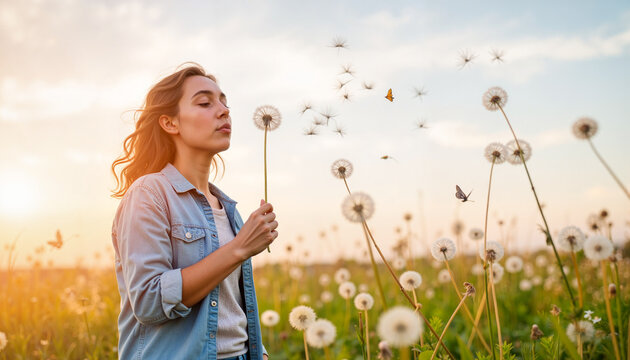Fototapeta Serene teenage girl blowing dandelion seeds in twilight garden, tranquility