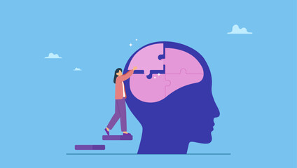 A woman solve jigsaw puzzle in human brain head. Psychology, mental health or brain cognition, mind therapy , emotion or solution to solve wellbeing problem, mood disease or anxiety care.