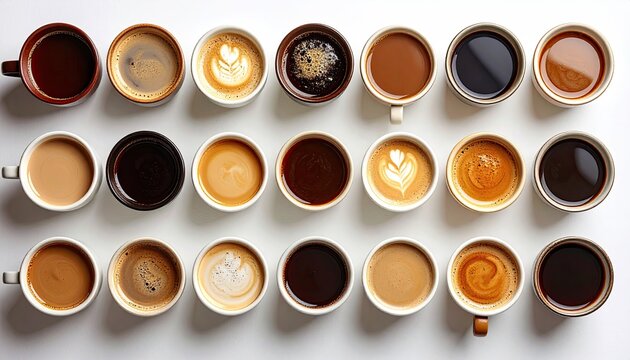 Array of Twenty Four Coffee Cups Various Types Styles Colors and Foam Designs Arranged in a Grid Pattern on a White Surface Top Down View