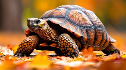 Naklejka premium Turtle exploring autumn leaves nature scene close-up photography vibrant environment ground level wildlife concept