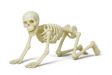 Skeleton toy crawling on all fours, depicting halloween horror, anatomical display, science, and fear concepts
