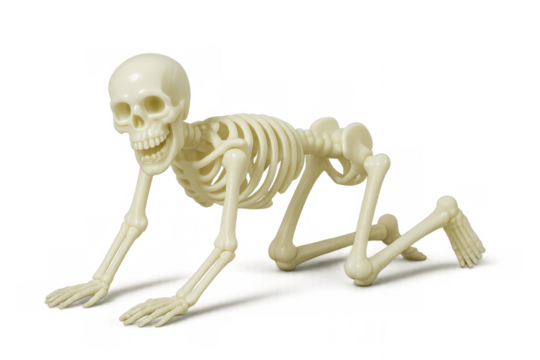 Skeleton toy crawling on all fours, depicting halloween horror, anatomical display, science, and fear concepts